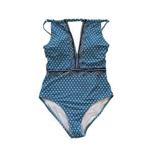New Cupshe Turquoise Blue Boho Geometric Print Halter One-Piece Swimsuit, M